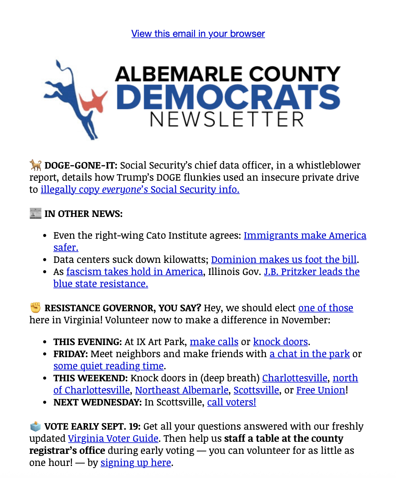 A sample edition of the Albemarle County Democrats Email Newsletter