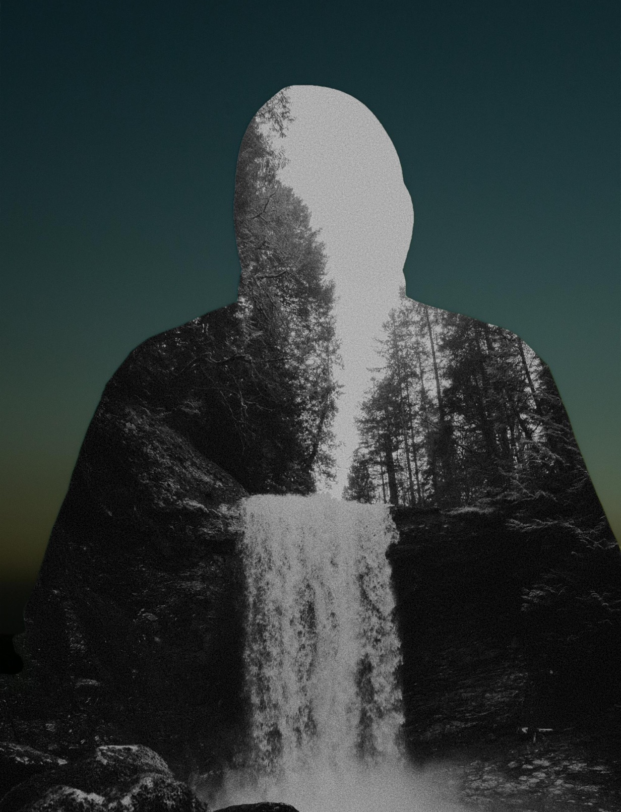 Inside the silhouette of a hulking, hooded man is the image of a waterfall.