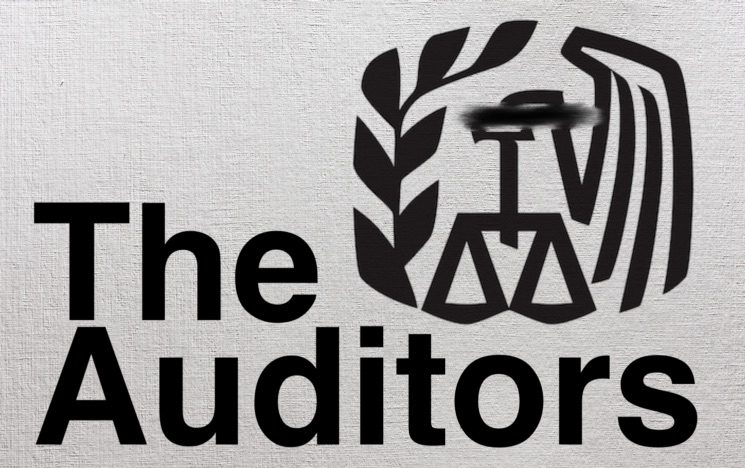 The words 'The Auditors' in plain, bureaucratic type, next to the IRS symbol where the eyes of the eagle have been redacted.